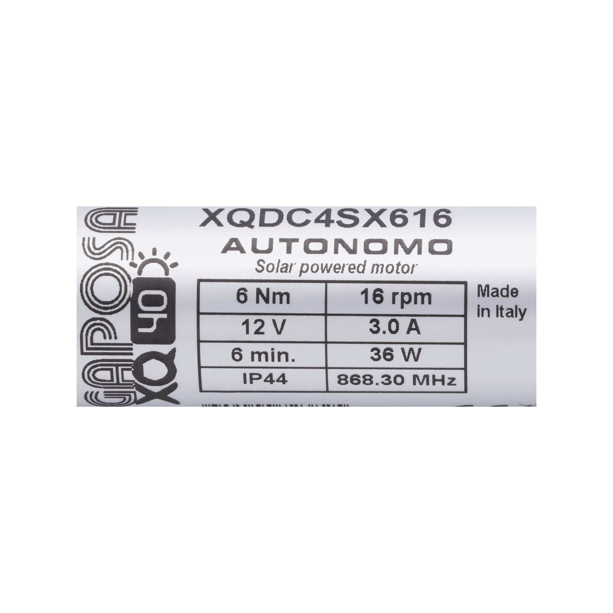 Etiquette moteur solaire GAPOSA 6Nm Etiquette signalétique du moteur solaire GAPOSA 6Nm XQBPX616