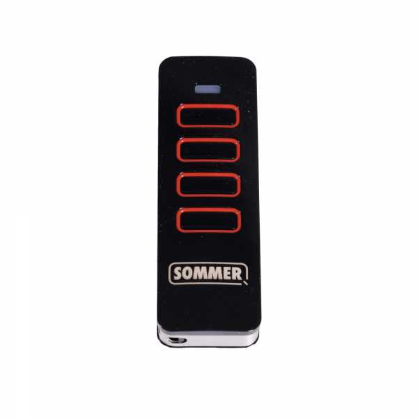 Télécommande portable PEARL de marque SOMMER à quatre touches qui permettent de piloter jusqu’à quatre armoires ou récepteurs radios MAXIMUM