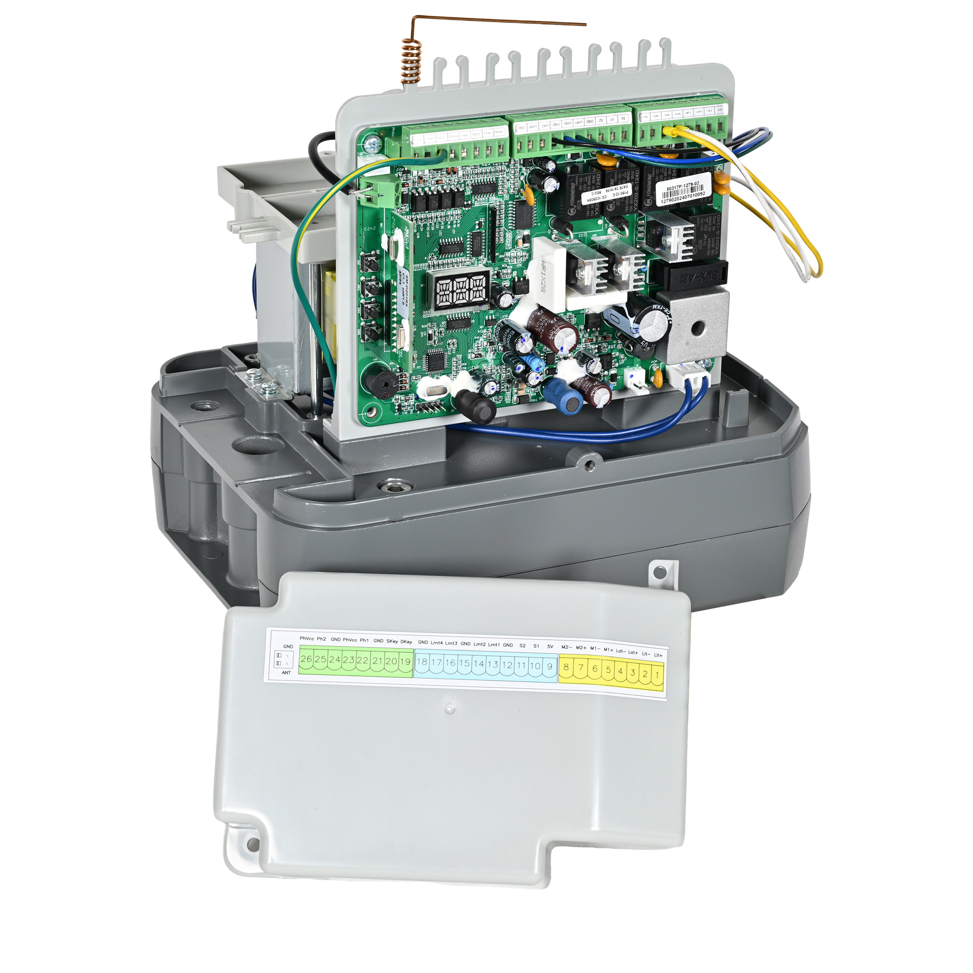 Intérieur moteur maître PYRENE Vue de l'intérieur du kit PYRENE ERREKA pour portail de clôture à deux vantaux battants à la française